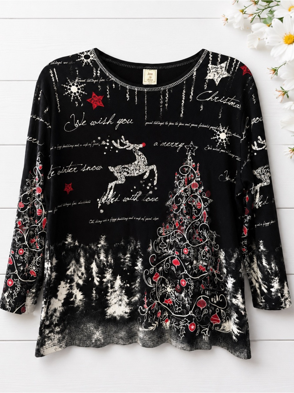 Festive Christmas Tree & Reindeer Holiday Top we wish you a merry womens large